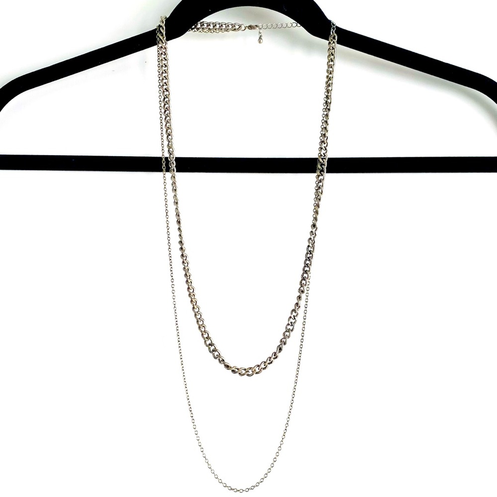 Dark matte silver chain, double hanging chunky and delicate necklace
